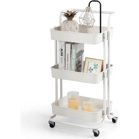 Serveringsvogn på hjul med 3 anti-rust metalnetkurve 42 x 35 x 87 CM Maks 60 kg hvid