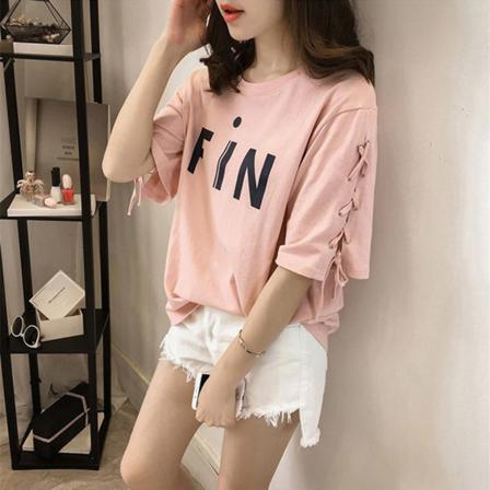 Koreansk O-ringad Kvinnor Flicka Letter Print Casual Kort Ärm