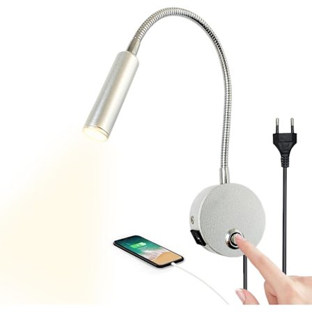 Dimbar vegglampe med berøring, LED-sengelampe med USB-port og bryter, fleksibel svanehalslampe med plugg, 3W-lampe
