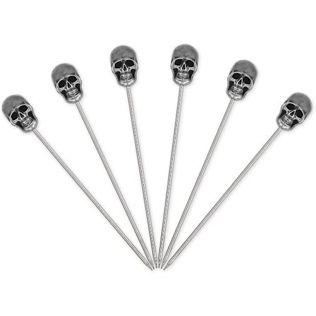 Hodeskalle Cocktailpinner 6 Stykker Rustfritt Stål Olivenpinner Gjenbrukbare Fruktpinner til Halloweenfest - Sett A