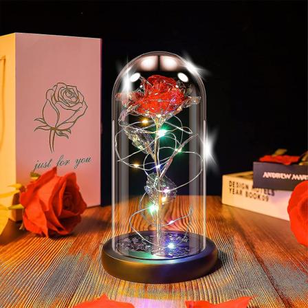 Skjønnheten og udyret roselampe i glasskuppel, evig rose kunstig blomst med LED-lys, gave til kvinner jente til bursdag Valentinsdag møll