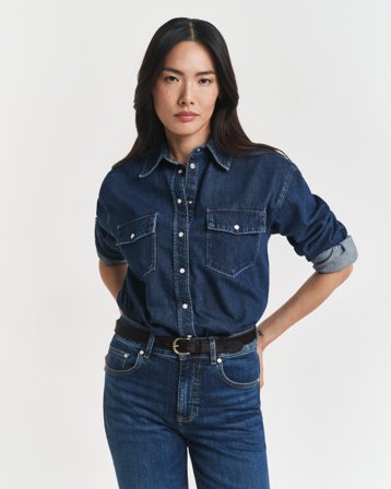 GANT Damen Relaxed Fit Jeansbluse mit Tasche (38) Denim Melange