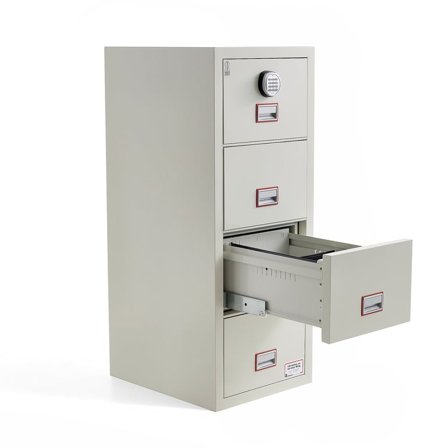 Brandklassat mappskåp, 120 min. 4 lådor, kodlås, 1580x570x700 mm