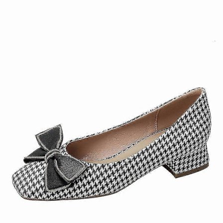Vår Höst Låg Klack Retro Mångsidig Rosett Loafers Houndstooth Fyrkantig Tå Grund Mun Tjock Klack Dam Mellan Klack Skor
