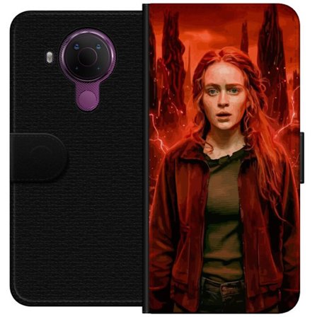 Kompatibelt Plånboksfodral till Nokia Nokia 5.4 Porträtt av en ung kvinna med rött hår i en apokalyptisk landskap, röda blixtar och mörka klippf