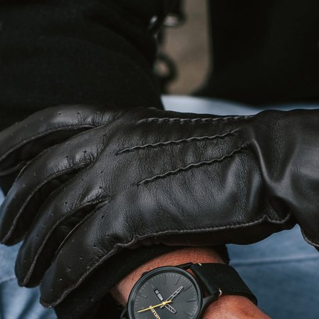 Gants au poignet en cuir de mouton noirs perforés pour écran tactile pour hommes - Gants pour l'hiver