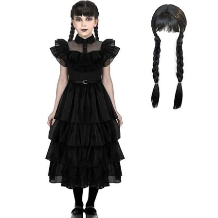 4-9-vuotiaat lapset tytöt keskiviikkona Addams Cosplay set, karnevaalijuhlalahjat - mekko ja peruukit 6-7 Years