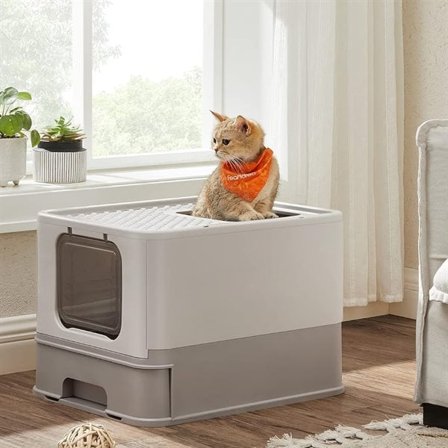 Sluten kattlåda med utdragbar bricka - Grå