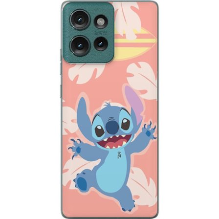 Kompatibel Mobilcover til Motorola Edge 50 Glad illustration af Stitch der hopper foran lyserød baggrund med surfbræt