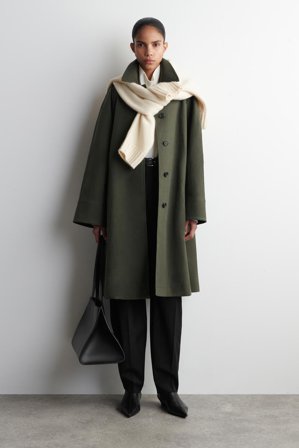 COS Women's Wool-Trimmed Long Car Coat in Green