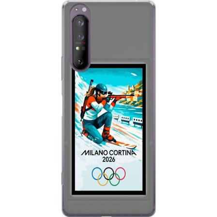 Yhteensopiva Puhelinkuori Sony Xperia 1 II Retrojuliste Cortina Milano 2026 vuorilla, talviurheilijoilla, italiankoloreilla, Milanon tuomiokirkolla ja