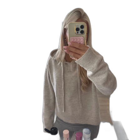 Beige stickad hoodie med snörning