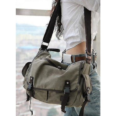 Stor Vintage Canvas Messenger Bag Bok Laptop Skulderveske Skole Dame Reise (grå)