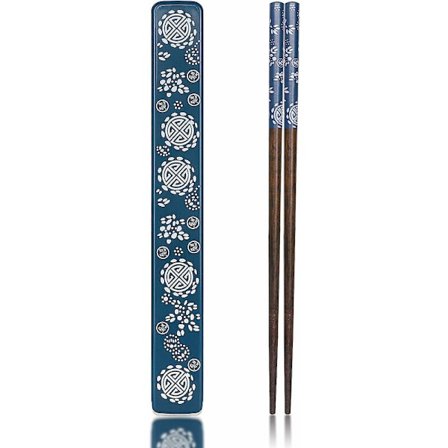 Uudelleenkäytettävät japanilaiset luonnonpuu syömäpuikot 1 pari kotelolla, kannettavat ja astianpesukoneen kestävät (sininen)-longziming