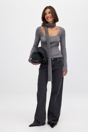 NA-KD Ribbstickad topp med fyrkantig halsringning - Stickade toppar - Grå - L