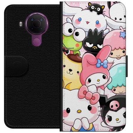 Kompatibelt Lommeboketui til Nokia 5.4 Tett mønster av søte figurer med store øyne i ulike farger og uttrykk med LABUBU-tekst