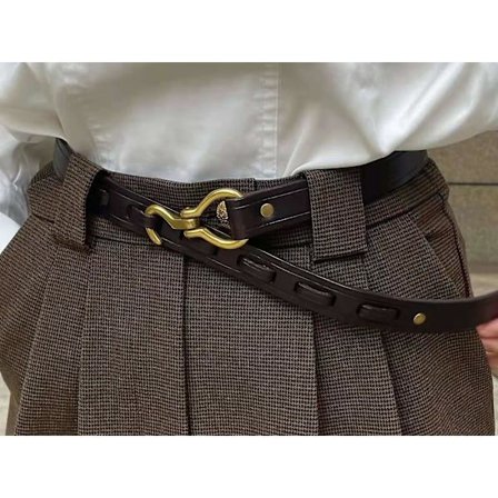 Bälte dam tunt bälte retro handgjort äkta läder midjekedja spänne läder(90cm (genomsnittlig storlek),Brun)