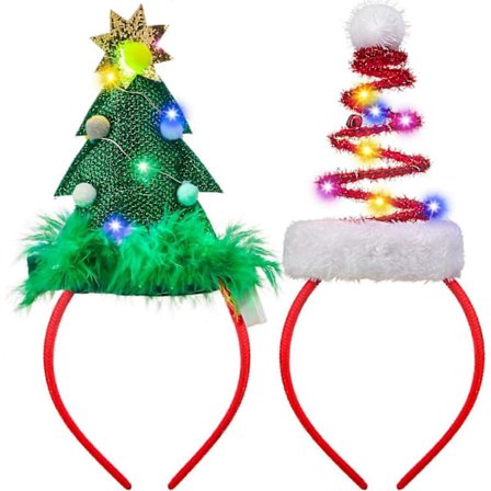 2 Pak Julehovedbånd med LED-lys Julemandshue og Juletræ til julefester