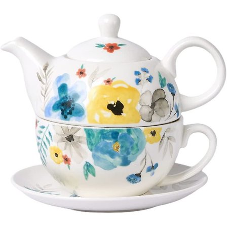 Porselen Te For Én, Håndmalt Akvarell Blomstrete Tekanne Og Kopp Sett, Blomstrende Blomster