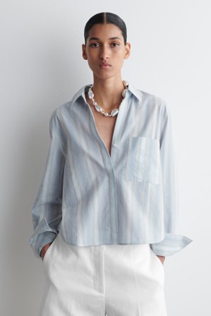 COS Women's Cropped Striped Cotton Shirt in Blue