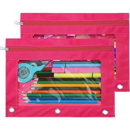 Blyantpose med 3 ringer, glidelås blyantpose etui permbinder kosmetikkveske svart 2-pakning 2Hotink