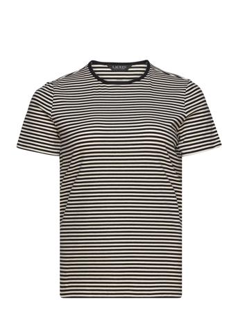 Striped Stretch Cotton Crewneck Tee Tops T-shirts & Tops Short-sleeved Black Lauren Women