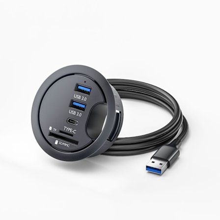 Skrivebord Grommet USB Hub USB 3.0, 2 USB 3.0-porter med Type-C & Kortleser for Kontorpultoppsett, Hjemmebruksutgave