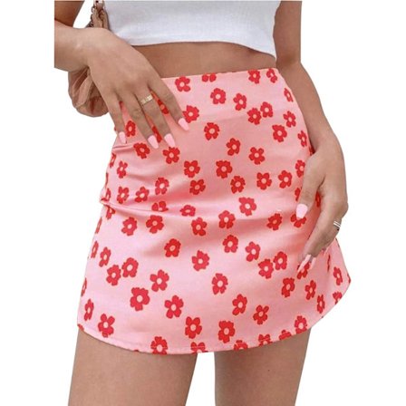 Tryckt satinsidenkjol med hög midja och dragkedja