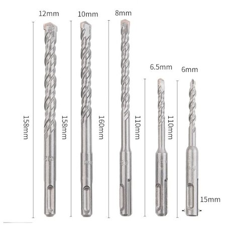 5 bitars betongborr, 6 6,5 8 10 12 x 110-160 mm Premium set, SDS-borr för keramiska plattor och betongmurverk