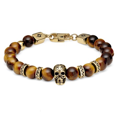 Rico | Tiger’s Eye & Gold-Tone Stainless Steel Skull Bracelet for Men - Steel bracelets