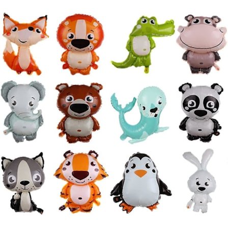 12 stk. Jungle Safari Dyreballoner, 40 x 45 cm Dyreballoner til Drenge og Piger Jungle Zoo Dyretema Festdekorationer