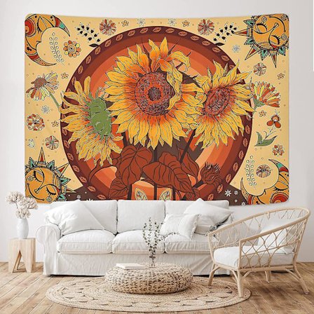 Veggdekor 150x130cm Solsikke Sol og Månevev Vintage Blomstervev Bohemsk Vev Mandala Vev Retro Gul Vev Veggteppe