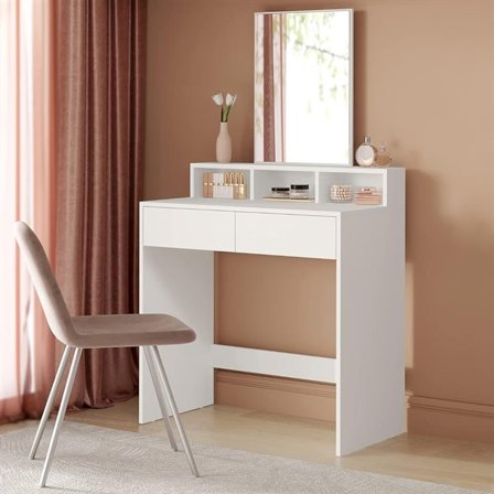 Sminkbord med stor spegel, 2 lådor och 3 fack - Vit