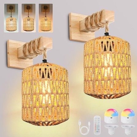 2 kpl Vintage Sisäseinävalaisin, Säädettävä Puusta ja Rotangista Kauko-ohjaimella E27 Valaistus, Makuu- Olohuoneen käytävälle