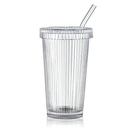 Glas Tumlare Randig Glaskopp Kaffekopp Med Lock Och Sugrör LOCK