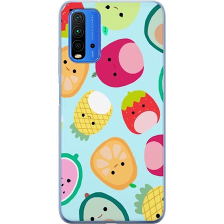 Kompatibel Mobilcover til Xiaomi Redmi 9T Mønster af kawaii frugter som jordbær citron ananas og avocado på lyseblå baggrund