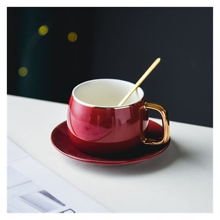 Kaffe Kop, Te Kop og Underkopper Moderne Design Porcelæn Kaffe Kop Og Underkop Keramik Simpel Krus Lys Luksus Espresso Drikkevarer Til Te (Rød)