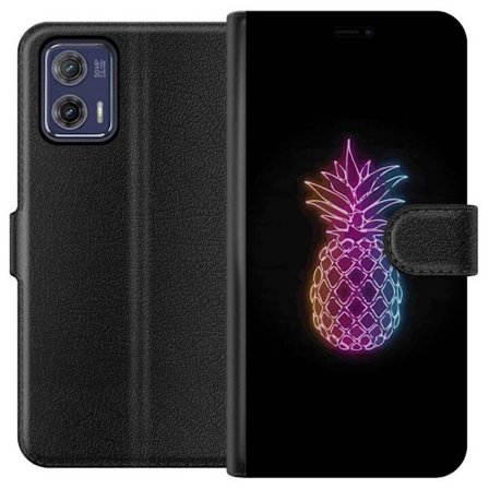 Kompatibelt Lommeboketui til Motorola Motorola Moto G73 Neonlysillustrasjon av ananas i fargerikt lys mot svart bakgrunn