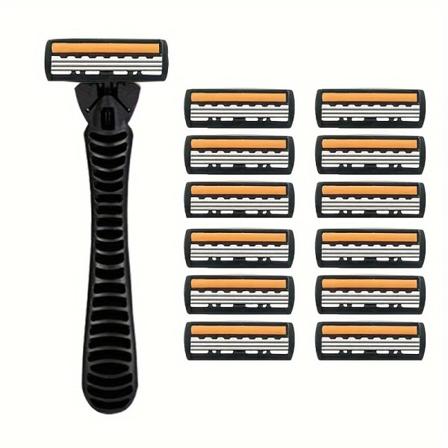 Miesten 3-kerroksinen teräpartaterä, manuaalinen parranajo miehille, vaihdettavat terät, mukavat parranajoterät 1Holder And 12Blades