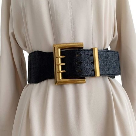 Dam bälte i svart läder med brett midjeband, elastiskt stretchbälte för klänning, kappa, tröja