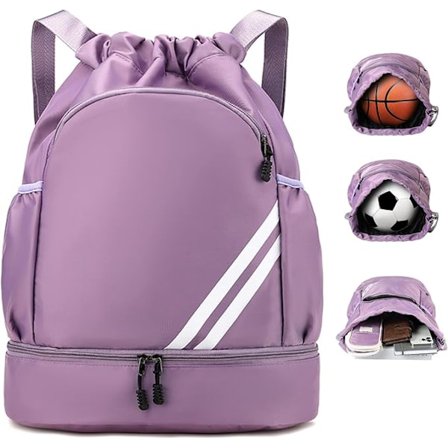 Gymsekker med snor, ryggsekk med sko-rom og lomme, vanntett ryggsekk