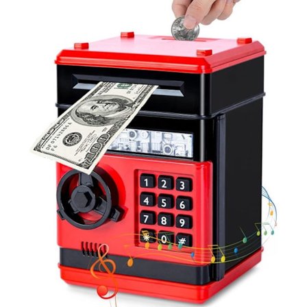 (Rød Sort) Automatisk Elektronisk Pengeboks til Børn - med Adgangskode - Gavelegetøj til Drenge og Piger