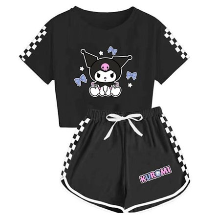 Barnflickor Cartoon Kuromi Tryckt Kortärmad T-shirt + Shorts Pyjamas Set Pyjamas Svart