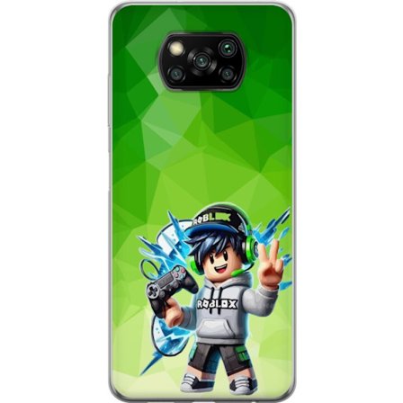 Kompatibelt Mobildeksel til Xiaomi Poco X3 NFC Roblox-inspirert gamerfigur med headset, håndkontroll og energiske effekter mot grønn bakgrunn