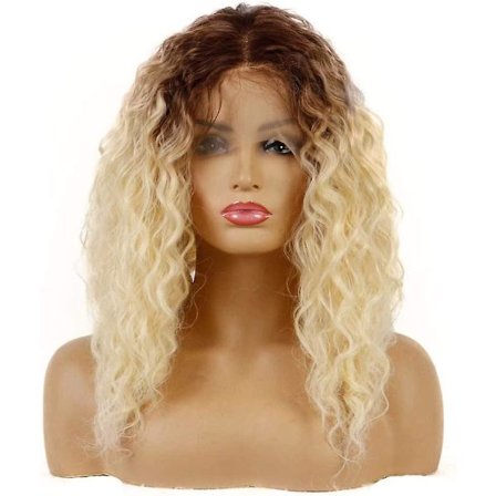 10% Mänskligt Hår + 90% Syntetisk Fiber Spets Fram Peruk Blond Bruna Rötter Kort Lös Acsergery Present