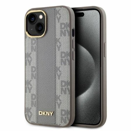 DKNY MagSafe iPhone 15-etui i ternet læder med ensfarvet mønster - Beige