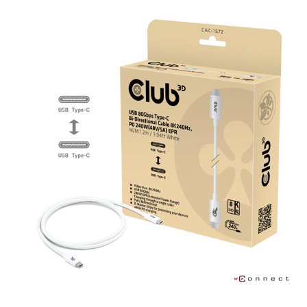 Club 3D USB-C-Kabel 80Gbps PD240W/8K240Hz 1.2m hvit