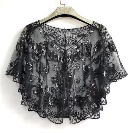 Women's 1920s Sequin Shawl Wrap Wedding Shawl Topper Beaded Evening Cape Black