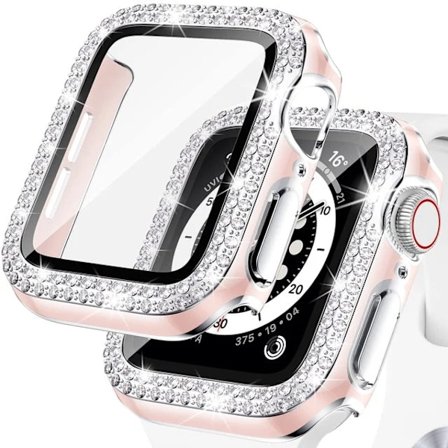 Bling Glass+ cover til Apple Watch Case 45mm 41mm 40mm 44mm 42mm 38mm Diamant bumper+skærmbeskytter iwatch serie 7 9 8 5 6 SE B Pine sølv