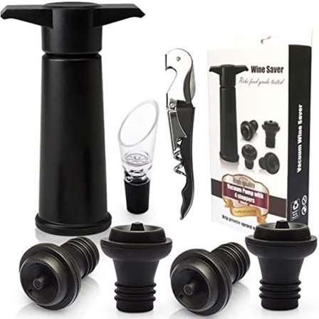 7 osainen viinintarvikesetti (korkkiruuvi + viinikarahvi + 4 viinipullojen sulkijaa + punaviinin tyhjiöimupumppu) Viinipumppu teräksestä